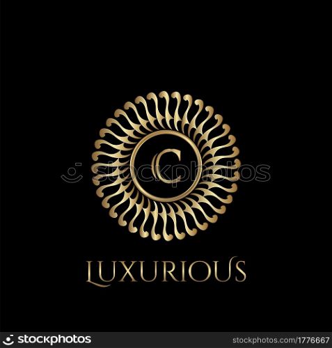 Circle luxury logo with letter C and symmetric swirl shape vector design logo gold color.