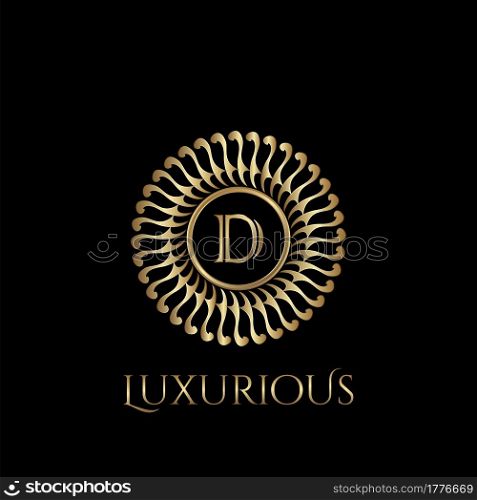 Circle luxury logo with letter D and symmetric swirl shape vector design logo gold color.