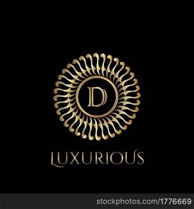 Circle luxury logo with letter D and symmetric swirl shape vector design logo gold color.