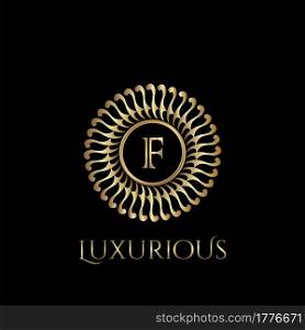 Circle luxury logo with letter F and symmetric swirl shape vector design logo gold color.