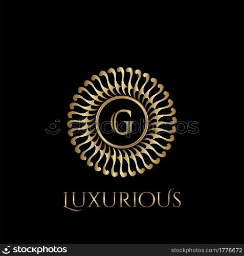 Circle luxury logo with letter G and symmetric swirl shape vector design logo gold color.