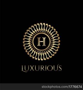 Circle luxury logo with letter H and symmetric swirl shape vector design logo gold color.