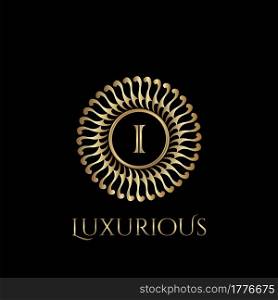 Circle luxury logo with letter I and symmetric swirl shape vector design logo gold color.