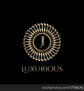 Circle luxury logo with letter J and symmetric swirl shape vector design logo gold color.