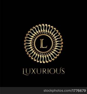 Circle luxury logo with letter L and symmetric swirl shape vector design logo gold color.