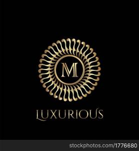 Circle luxury logo with letter M and symmetric swirl shape vector design logo gold color.