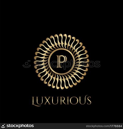 Circle luxury logo with letter P and symmetric swirl shape vector design logo gold color.