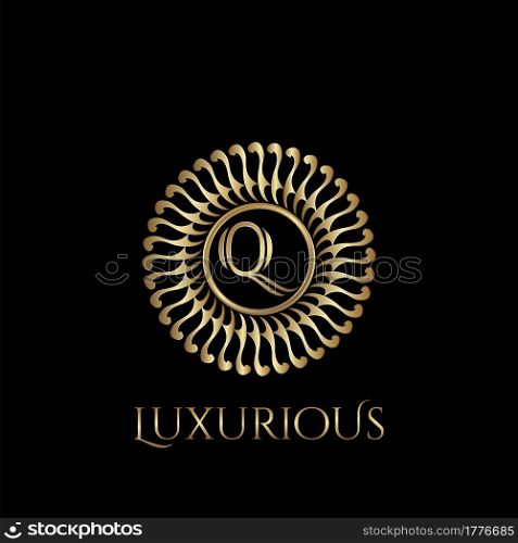 Circle luxury logo with letter Q and symmetric swirl shape vector design logo gold color.