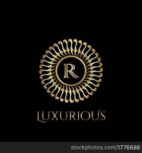 Circle luxury logo with letter R and symmetric swirl shape vector design logo gold color.