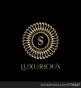 Circle luxury logo with letter S and symmetric swirl shape vector design logo gold color.