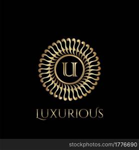 Circle luxury logo with letter U and symmetric swirl shape vector design logo gold color.