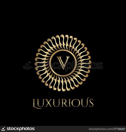 Circle luxury logo with letter V and symmetric swirl shape vector design logo gold color.