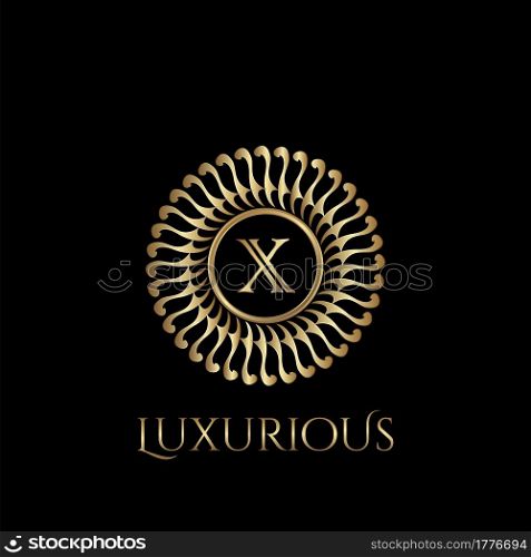 Circle luxury logo with letter X and symmetric swirl shape vector design logo gold color.