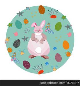 Circle madde with hand drawn Easter decoration. Cute easter eggs and fat bunny. Vector illustration isolated on white background. . Cute Easter decoration.