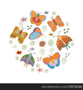 Circle made with butterflies. Beautiful vector illustration in pastel colours on white background. . Round shape made with butterflies.