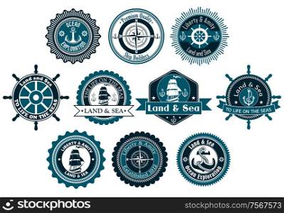 Circle marine heraldic labels with anchors, compass, sailboat and ropes for nautical and logo design