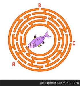Circle maze. Game for kids. Fish. Puzzle for children. Round labyrinth conundrum. Color vector illustration. Find the right path. Education worksheet.