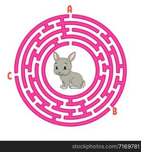 Circle maze. Game for kids. Puzzle for children. Round labyrinth conundrum. Rabbit bunny animal. Color vector illustration. Find the right path. Education worksheet.