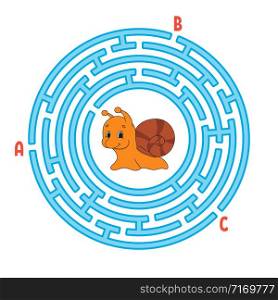 Circle maze. Game for kids. Puzzle for children. Round labyrinth conundrum. Snail mollusk. Color vector illustration. Find the right path. Education worksheet.