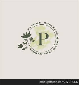 Circle nature tree P letter logo with green leaves in circle line shape for Initial business style with botanical leaf elements vector design.