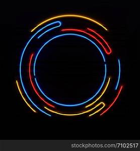 Circle neon lights frame. Colorful round tube lamp light modern on frame for pub night club disco party illuminated decoration. Electric border glowing laser disk vector background illustration. Circle neon lights frame. Colorful round tube lamp light on frame. Electric glowing disk vector background illustration