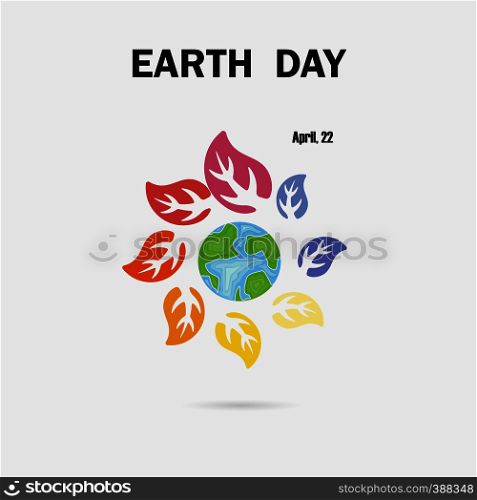 Circle of colorful leaves icon and globe icon.Earth Day campaign idea concept.Earth Day idea campaign for greeting Card,Poster,Brochure or abstract background.Vector illustration