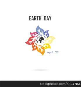 Circle of colorful leaves icon and globe icon vector logo design template.Earth Day campaign idea concept.Earth Day idea campaign for greeting Card,Poster,Flyer,Cover or Brochure.Vector illustration