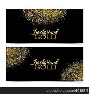 Circle of gold sparkles. Vector illustration of a golden glitter texture on a black backgrounds. Two banners with gold sparkles