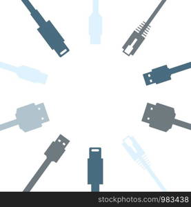 Circle of ten cable connections including HDMI, USB, ethernet in flat design vector