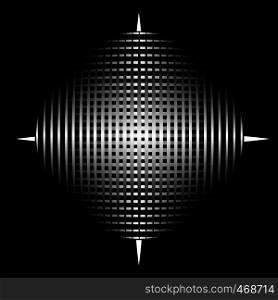 circle of vertical and horizontal lines in silver shades on a black background.
