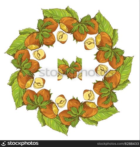 Circle ornament with highly detailed hand drawn hazelnuts isolated on white background. Pattern endless fragment.