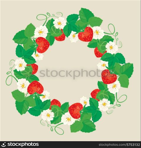 Circle ornament with Strawberries in heart shapes with flowers and leaves isolated on gray background