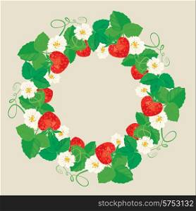 Circle ornament with Strawberries in heart shapes with flowers and leaves isolated on gray background