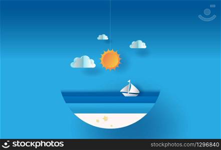 Circle Paper art and craft of illustration summer sea view with sunset,summer time season concept,Boat floating in the sea on blue sky.Graphic design Seaside landscape ,Paper cut style digital idea