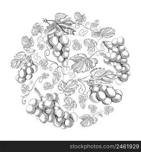 Circle pattern bunches of grape doodle with repeating beautiful berries on white background hand drawing vector illustration. Circle Pattern Bunches Of Grape Doodle
