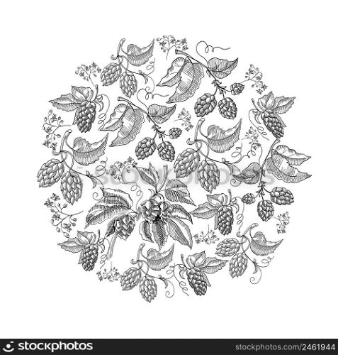 Circle pattern hop foliated doodle with repeating beautiful berries on white background hand drawing vector illustration. Circle Pattern Hop Foliated Doodle