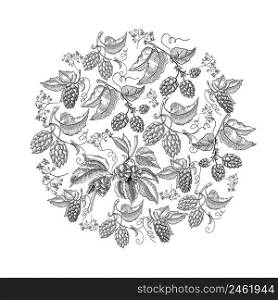 Circle pattern hop foliated doodle with repeating beautiful berries on white background hand drawing vector illustration. Circle Pattern Hop Foliated Doodle