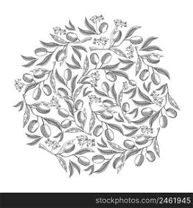 Circle pattern olive blossom doodle with repeating beautiful berries on white background hand drawing vector illustration. Circle Pattern Olive Blossom Doodle