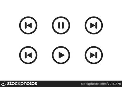 Circle play, pause button. Music bar concept. Stop audio symbol. Back and skip music in vector flat style.