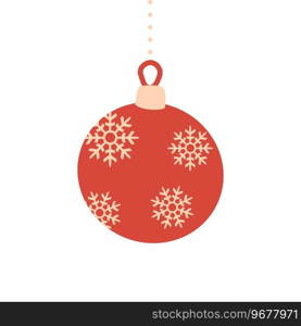 Circle red Christmas tree toy with snowflakes. Season decoration, Christmas and New Year celebration, icon isolated on white background. Vector design template. Illustration in flat style.. Circle red Christmas tree toy with snowflakes. Illustration in flat style. Season decoration, Christmas and New Year celebration, icon isolated on white background. Vector design template.