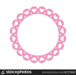 Circle scalloped frame with hearts. Scalloped edge round shape. Simple label sticker form. Flower silhouette lace frame. Cute vintage frill ornament. Vector illustration isolated on white background.. Circle scalloped frame. Scalloped edge round shape. Simple label sticker form. Flower silhouette lace frame. Repeat cute vintage frill ornament. Vector illustration isolated on white background