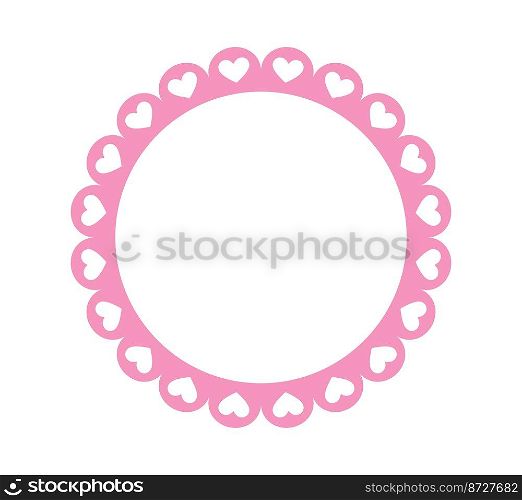 Circle scalloped frame with hearts. Scalloped edge round shape. Simple label sticker form. Flower silhouette lace frame. Cute vintage frill ornament. Vector illustration isolated on white background.. Circle scalloped frame. Scalloped edge round shape. Simple label sticker form. Flower silhouette lace frame. Repeat cute vintage frill ornament. Vector illustration isolated on white background