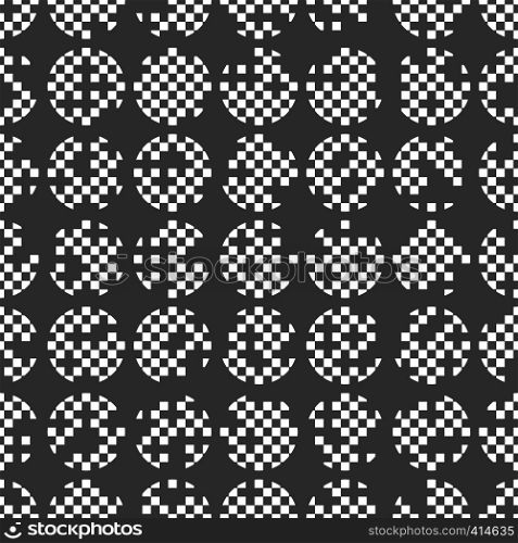Circle seamless pattern with pixel structure. Monochrome pattern with black background. Circle seamless pattern