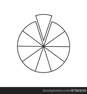 Circle segmented into 10 sectors. Pie or pizza shape cut in ten equal slices. Round statistics chart example isolated on white background. Vector outline illustration. Circle segmented into 10 sectors. Pie or pizza shape cut in ten equal slices. Round statistics chart example isolated on white background
