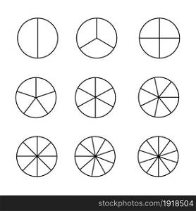 circle segments set on white background. various number of sectors divide the circle on equal parts. fraction mathematics sign.