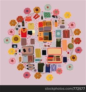 Circle shape border with packed luggage items. Floral frame. Advertising, poster, banner and web design. . Colourful top view view luggage round shape composition.