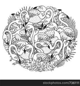 Circle shape coloring page with funny flamingos. Black and white print. Vector illustration