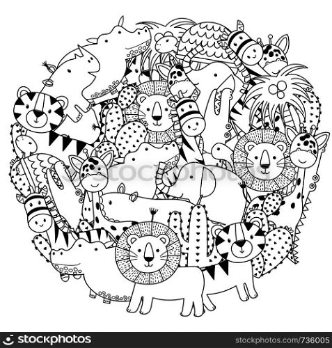 Circle shape coloring page with funny safari animals. Black and white print. Vector illustration