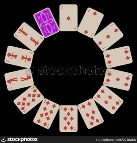 circle shape diams playing cards isolated on black, abstract art illustration
