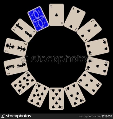 circle shape spades playing cards isolated on black, abstract art illustration